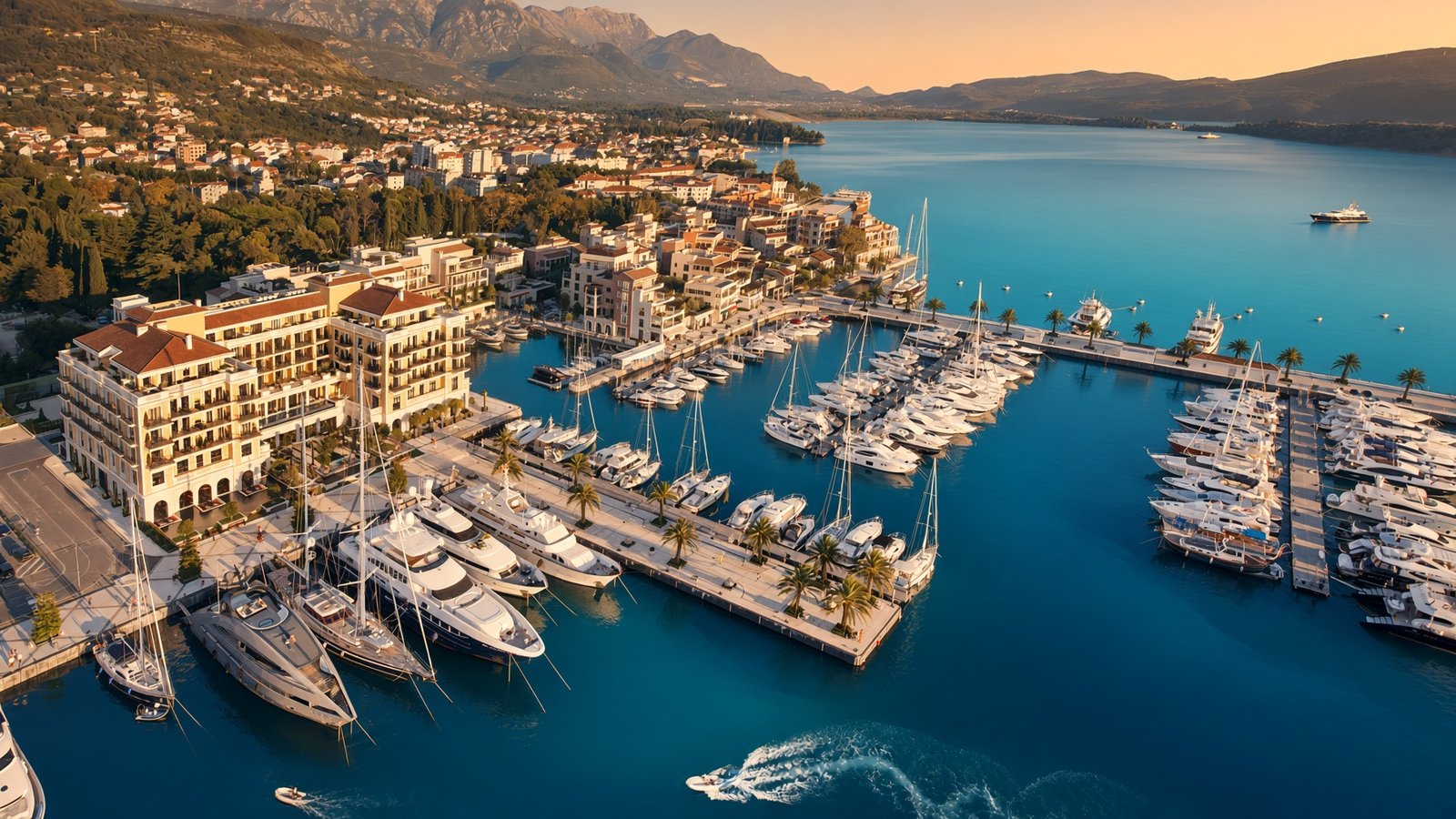 Панорама марины Porto Montenegro и Бока-Которского залива