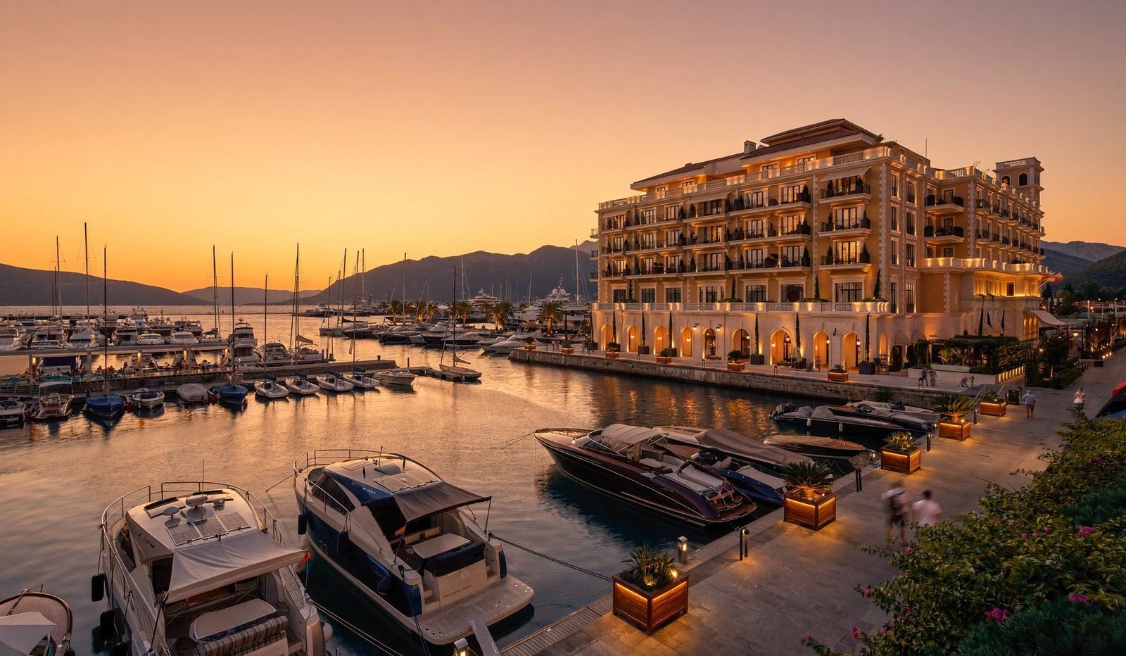 Вечерний вид на марину и резиденции Porto Montenegro